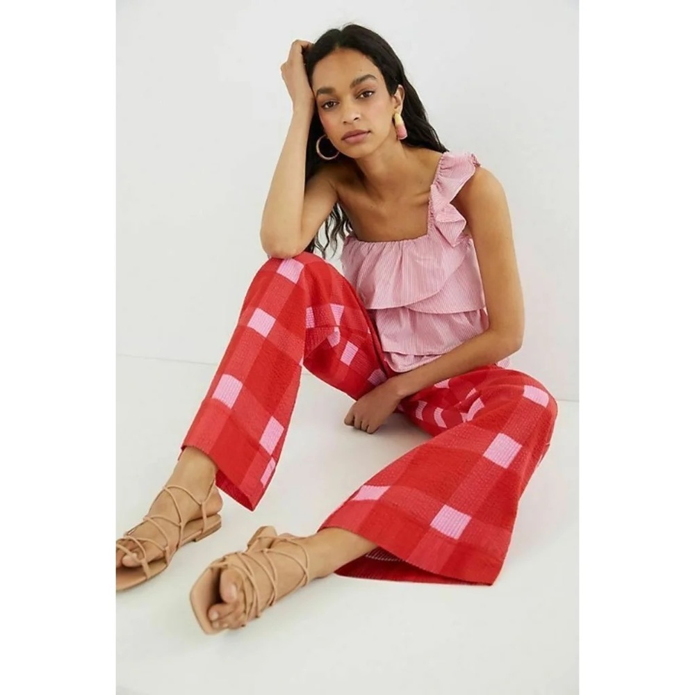 Anthropologie Preppy Plaid Wide Leg Pant - Red & Pink - L